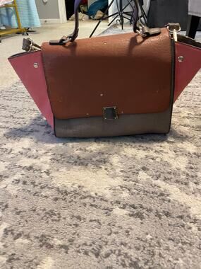 Orange Brown Faux Leather Trapeze Satchel Bag AS IS Distressed